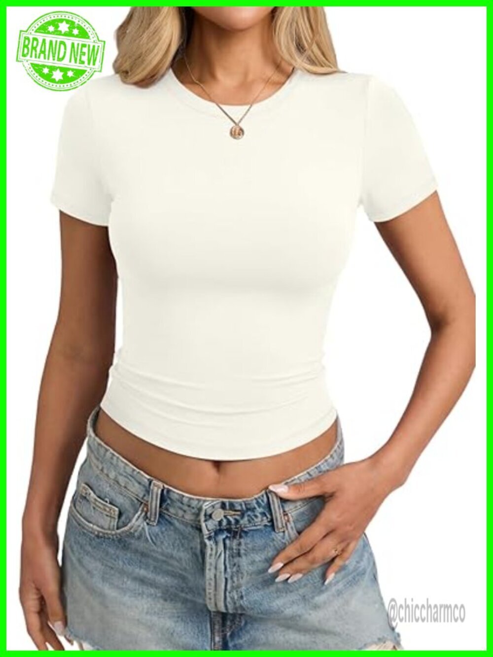 Double Lined Crop Top Crew Neck Short Sleeve Going Out Y2k Basic Tee